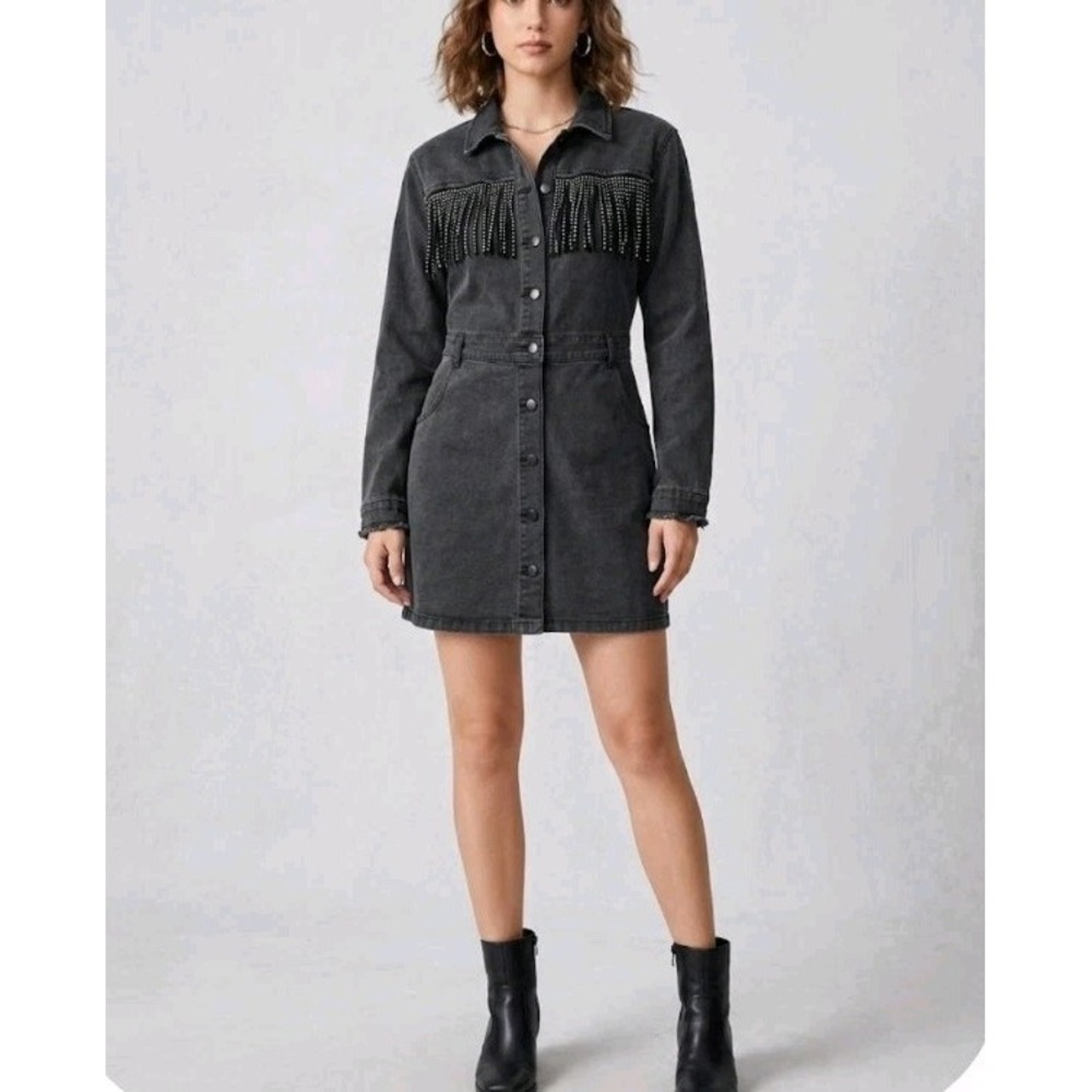 Blue B Rhinestone Fringe Black Denim Shirt Dress Women's Size L Y2K Western